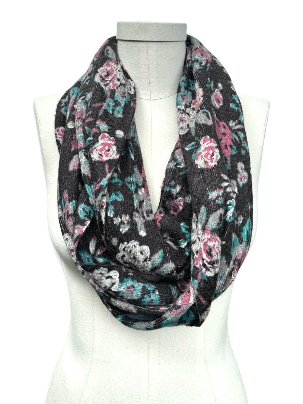 Black Floral Infinity Scarf, Cozy flannel, Black Pink Teal Flowers, World Market